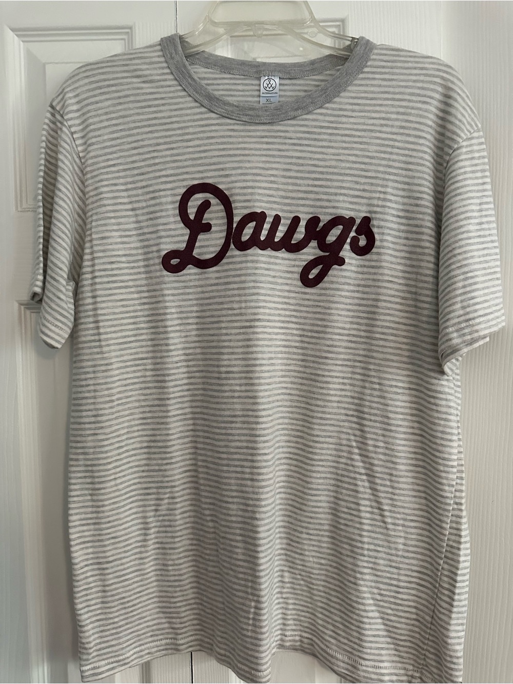 Alternative Gray & White Striped Short-Sleeve Tee with Maroon Dawgs Script